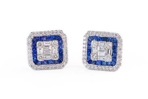 A PAIR OF SQUARE SAPPHIRE AND DIAMOND EARRINGS, BOXED (2)