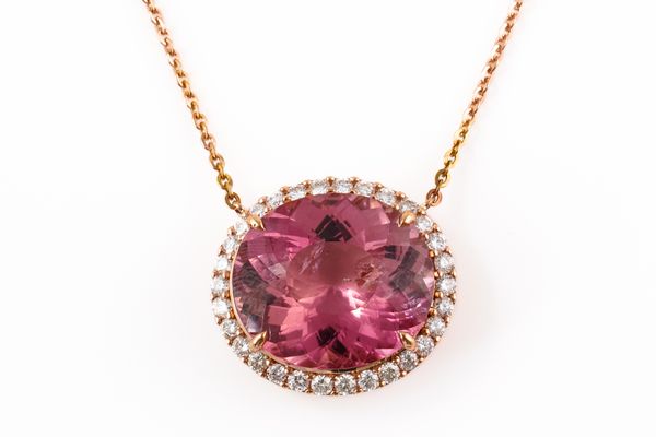 A PINK TOURMALINE AND DIAMOND PENDANT NECKLACE, BOXED (3)