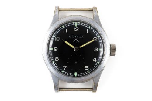 A STEEL BACKED AND PLATED BASE METAL FRONTED VERTEX MILITARY WRISTWATCH