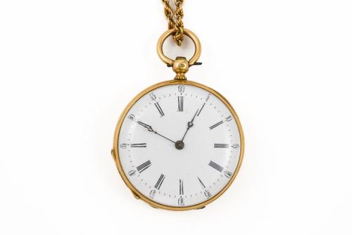 A GOLD CASED, KEY WIND, OPENFACED FOB WATCH AND A GOLD LONG GUARD CHAIN (2)