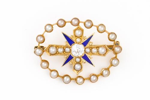 A PEARL, DIAMOND AND ENAMEL BROOCH