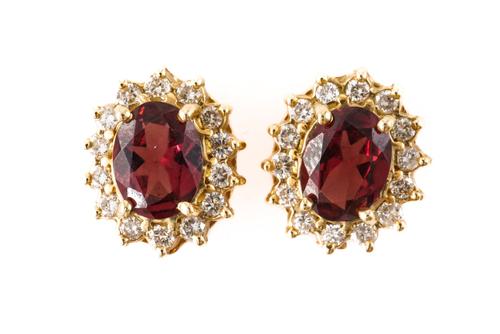 A PAIR OF GARNET AND DIAMOND CLUSTER EARRINGS, BOXED