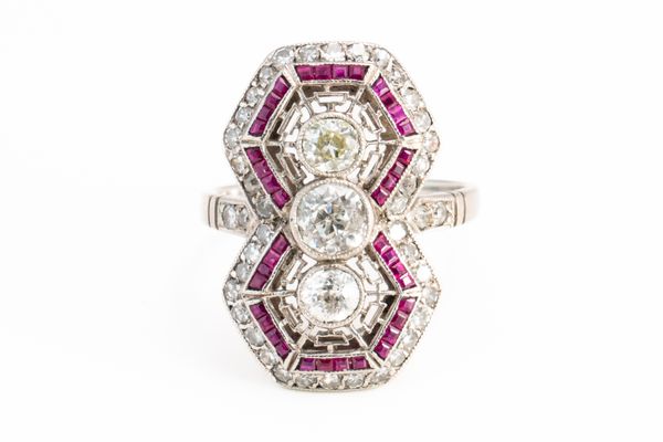 A DIAMOND AND RUBY HEXAGON RING (2)