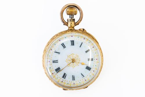 A LADY'S GOLD CASED, KEYLESS WIND OPENFACED FOB WATCH