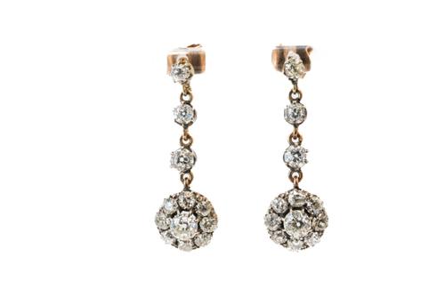 A PAIR OF OLD CUT DIAMOND CLUSTER DROP EARRINGS