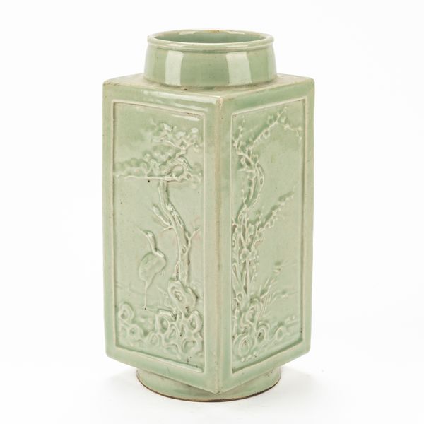 A CHINESE CELADON GLAZED CONG-SHAPED VASE