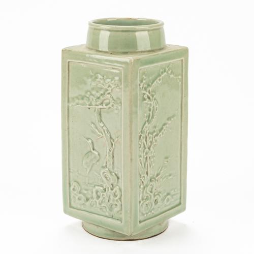 A CHINESE CELADON GLAZED CONG-SHAPED VASE