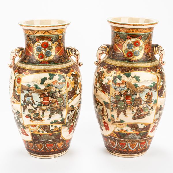 A PAIR OF JAPANESE SATSUMA TWO-HANDLED VASES (2)