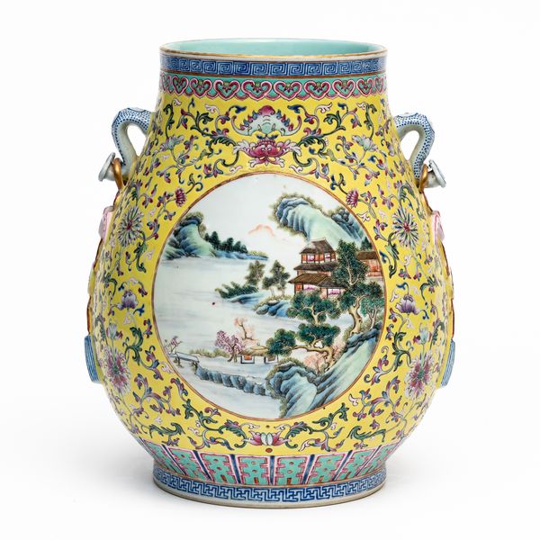 A LARGE CHINESE FAMILLE-ROSE YELLOW-GROUND HU VASE