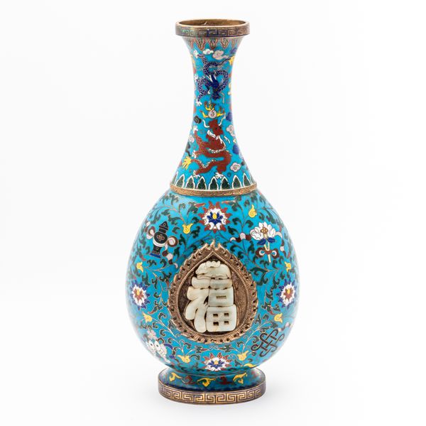 A TALL CHINESE TURQUOISE- GROUND CLOISONNE VASE