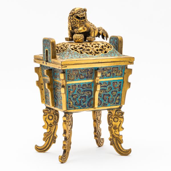 A CHINESE GILT-BRONZE AND CLOISONNE ENAMEL RECTANGULAR INCENSE BURNER AND COVER, FANGDING