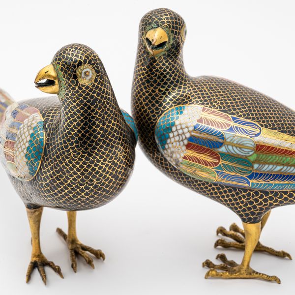 A PAIR OF CHINESE CLOISONNE ENAMEL BLACK-GROUND MAGPIES (2)