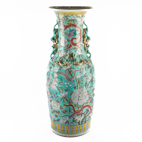 A  LARGE CHINESE TURQUOISE- GROUND DAYAZHAI- TYPE `DRAGONS AND FLOWERS' FLOOR VASE