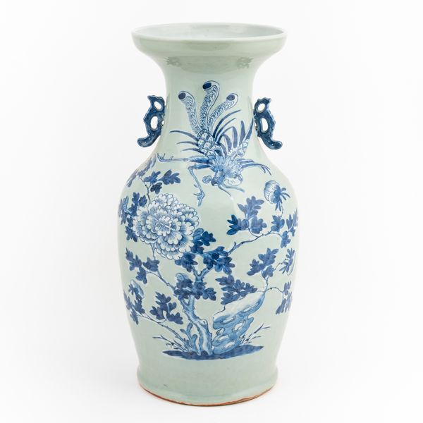 A CHINESE CELADON- GROUND BLUE AND WHITE TWO-HANDLED BALUSTER VASE