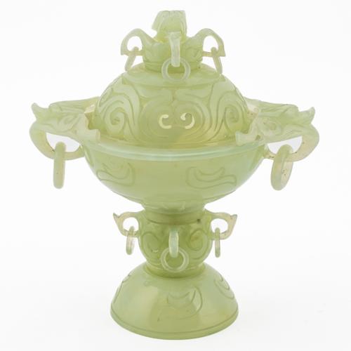 A CHINESE GREEN BOWENITE CENSER AND COVER (2)