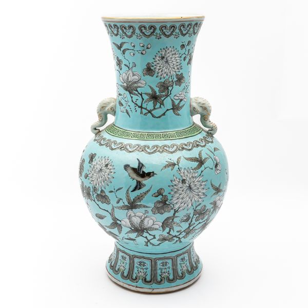 A CHINESE TURQUOISE-GROUND DAYAZHAI STYLE TWO HANDLED BALUSTER  VASE