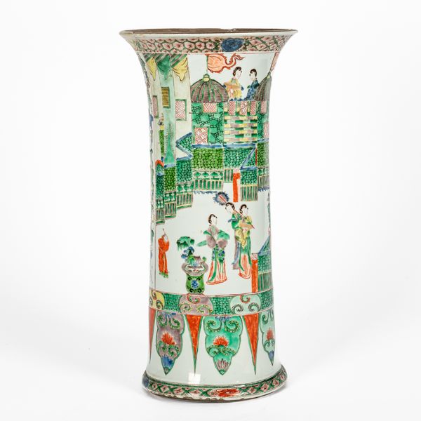 A TALL CHINESE FAMILLE-VERTE BEAKER VASE