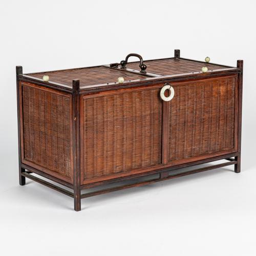 A CHINESE WOOD AND BAMBOO BIRD CAGE