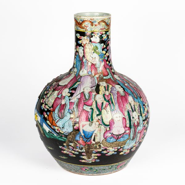 A LARGE CHINESE FAMILLE-ROSE  BLACK-GROUND BOTTLE VASE