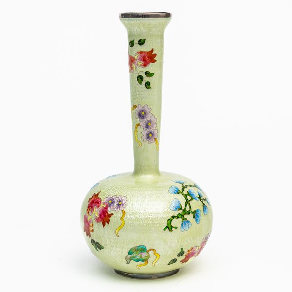 A JAPANESE SILVER-MOUNTED GINBARI ENAMEL BOTTLE VASE