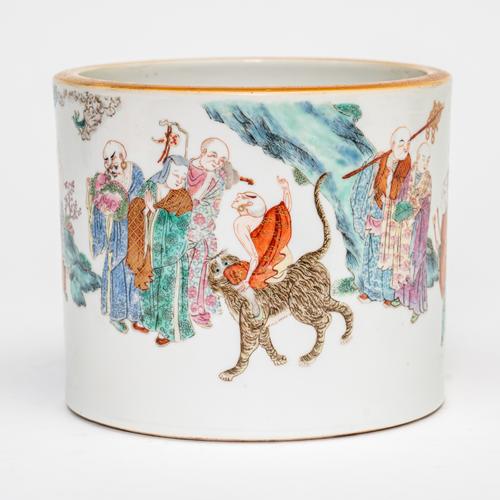 A LARGE CHINESE FAMILLE-ROSE `LUOHAN' BRUSH POT