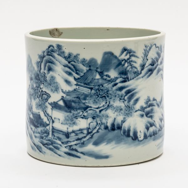 A LARGE CHINESE BLUE AND WHITE BRUSH POT