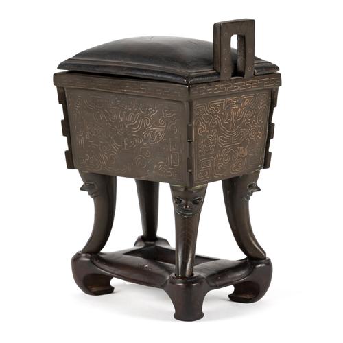 A CHINESE SILVER-INLAID BRONZE CENSER (FANG-DING)