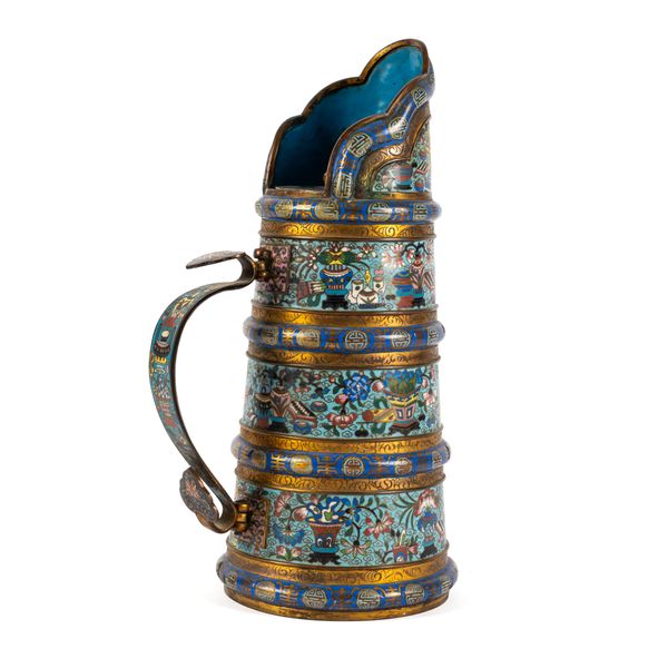 AN UNUSUAL CHINESE CLOISONNE ENAMEL TIBETAN- STYLE JUG AND COVER