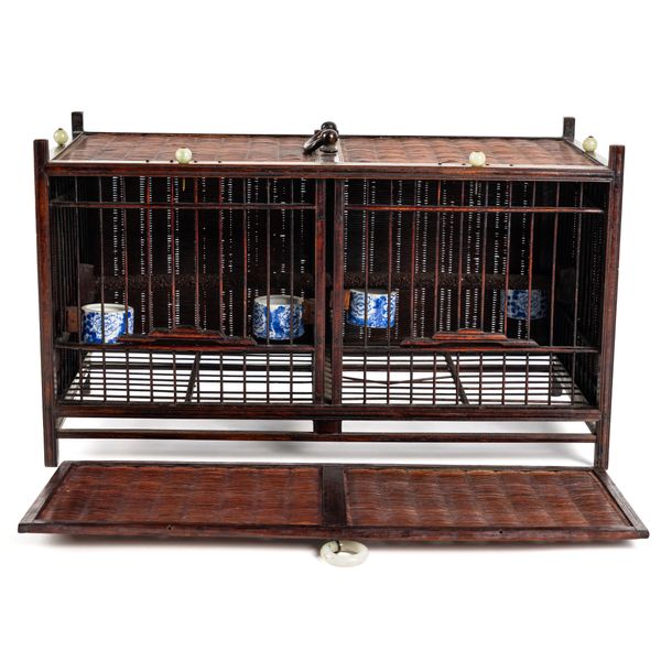 A CHINESE WOOD AND BAMBOO PORTABLE BIRD CAGE