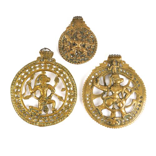 THREE BRASS HANUMAN TALISMANIC PENDANTS (3)