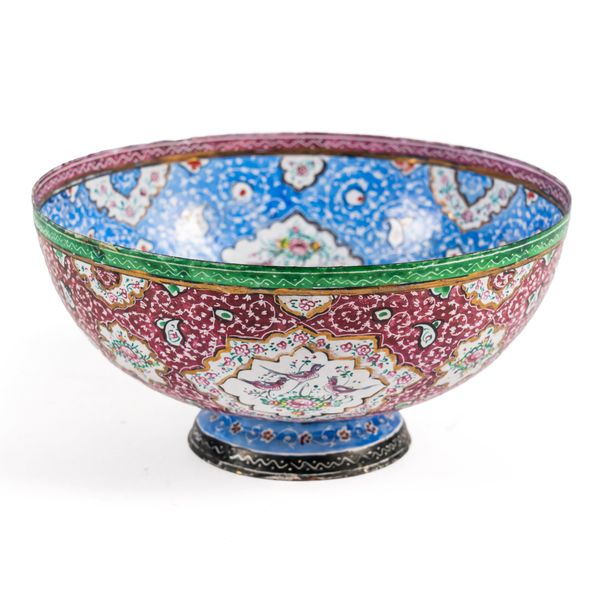 A PERSIAN QAJAR MINAKARI ENAMEL FOOTED BOWL