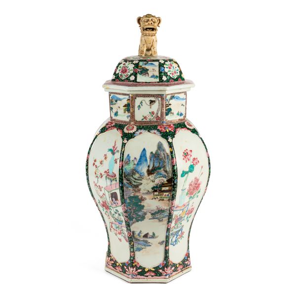 A LARGE CHINESE FAMILLE ROSE OCTAGONAL BALUSTER VASE AND COVER (2)
