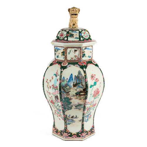 A LARGE CHINESE FAMILLE ROSE OCTAGONAL BALUSTER VASE AND COVER (2)