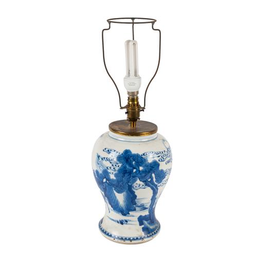 A CHINESE BLUE AND WHITE PORCELAIN BALUSTER VASE ADAPTED AS A LAMP