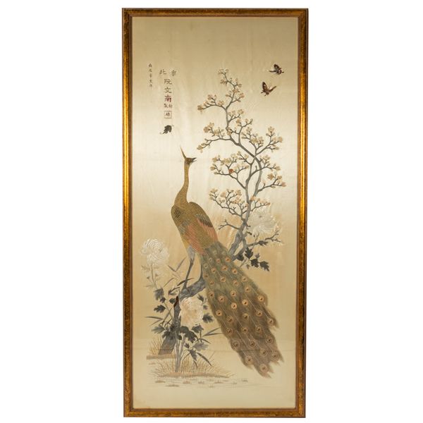 A LARGE CHINESE EMROIDERED SILK RECTANGULAR PANEL