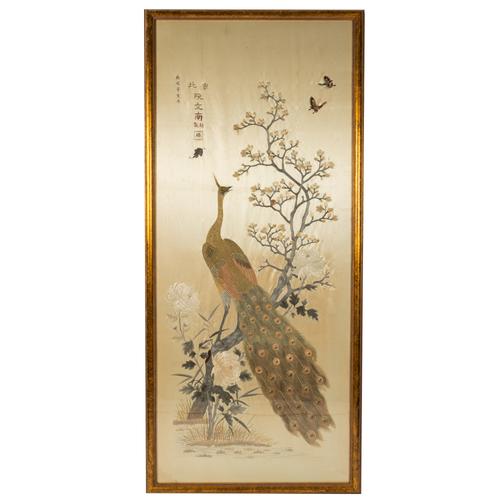 A LARGE CHINESE EMROIDERED SILK RECTANGULAR PANEL