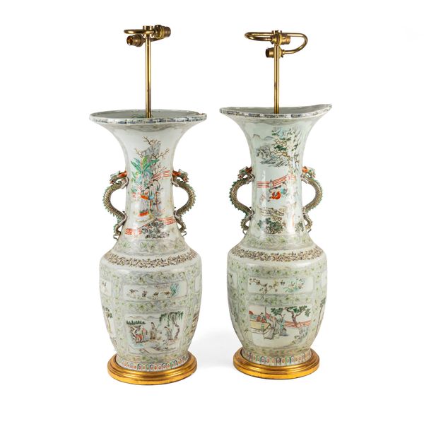 A PAIR OF LARGE CHINESE FAMILLE VERTE TWO-HANDLED BALUSTER VASES ADAPTED AS LAMPS(2)