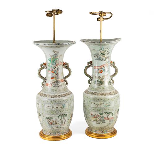 A PAIR OF LARGE CHINESE FAMILLE VERTE TWO-HANDLED BALUSTER VASES ADAPTED AS LAMPS(2)