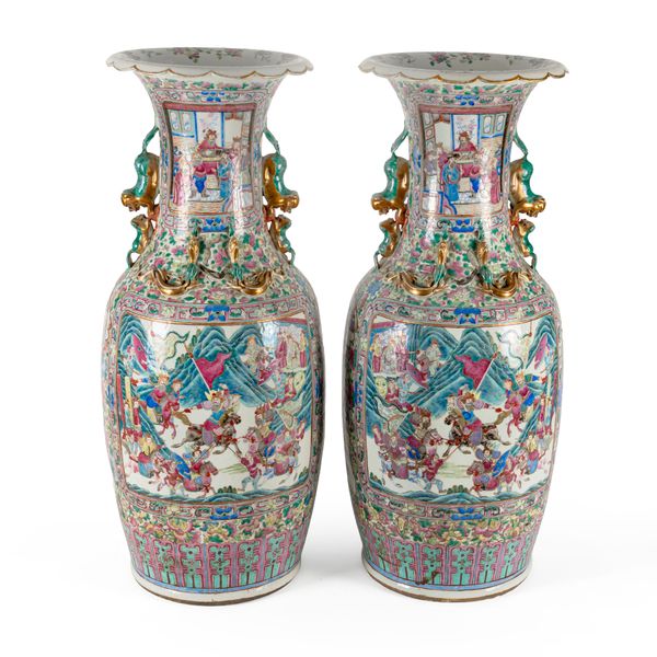 A PAIR OF LARGE CANTON FAMILLE ROSE VASES BALUSTER VASES (2)