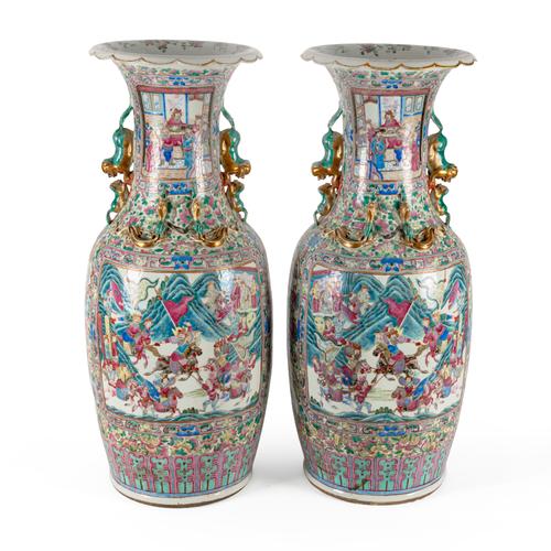 A PAIR OF LARGE CANTON FAMILLE ROSE VASES BALUSTER VASES (2)