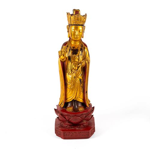 A VIETNAMESE CARVED WOOD GILT AND LACQUERED FIGURE OF A BODDHISATTVA