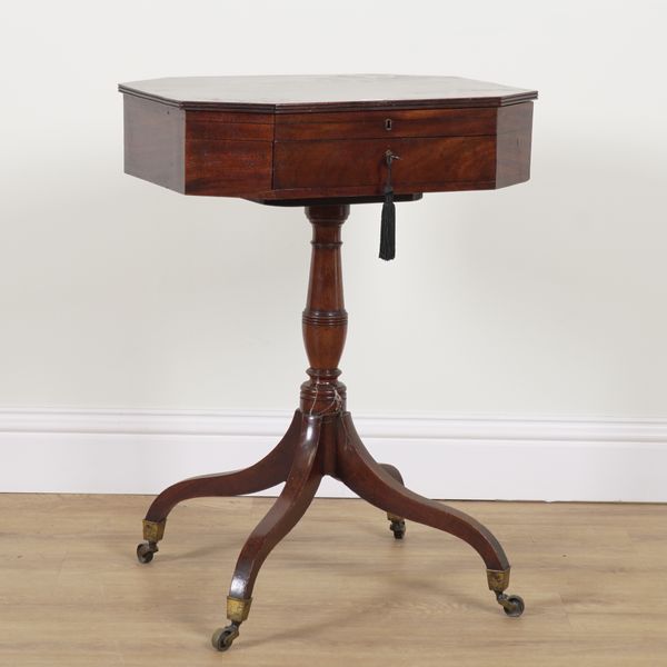 A GEORGE II MAHOGANY COMPRESSED OCTAGONAL LIFT TOP WORK TABLE