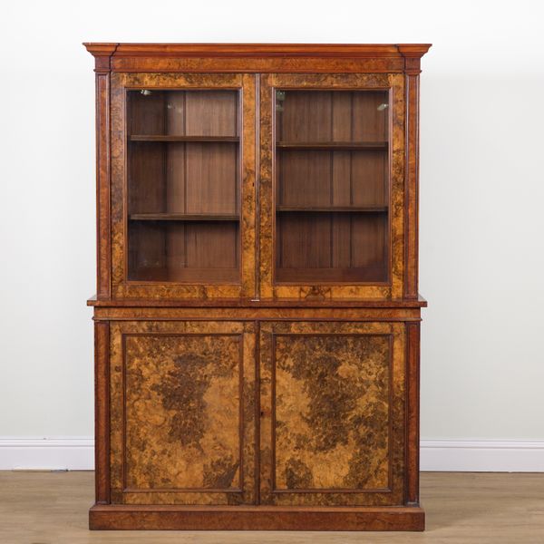 A VICTORIAN BURR WALNUT BOOKCASE CABINET