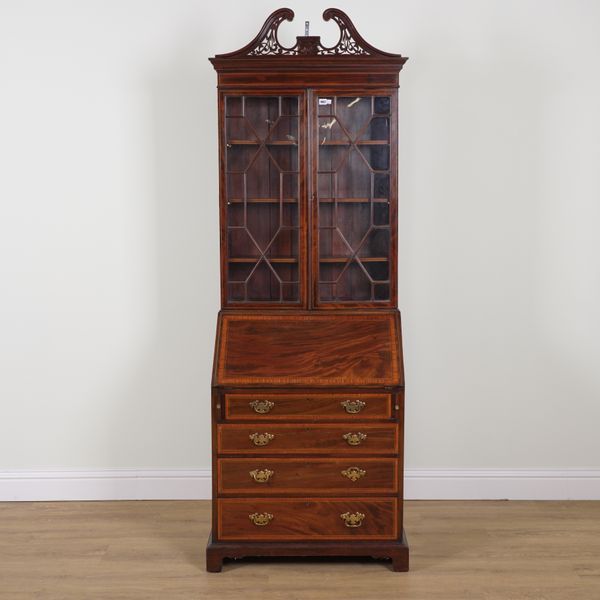 JAS SHOOLBRED; AN EDWARDIAN SHERATON REVIVAL SATINWOOD BANDED MAHOGANY BUREAU BOOKCASE