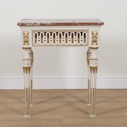 AN 18TH CENTURY STYLE ITALIAN MARBLE TOPPED CONSOLE TABLE