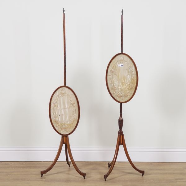 A PAIR OF EARLY 19TH CENTURY INLAID MAHOGANY POLE SCREENS (2)