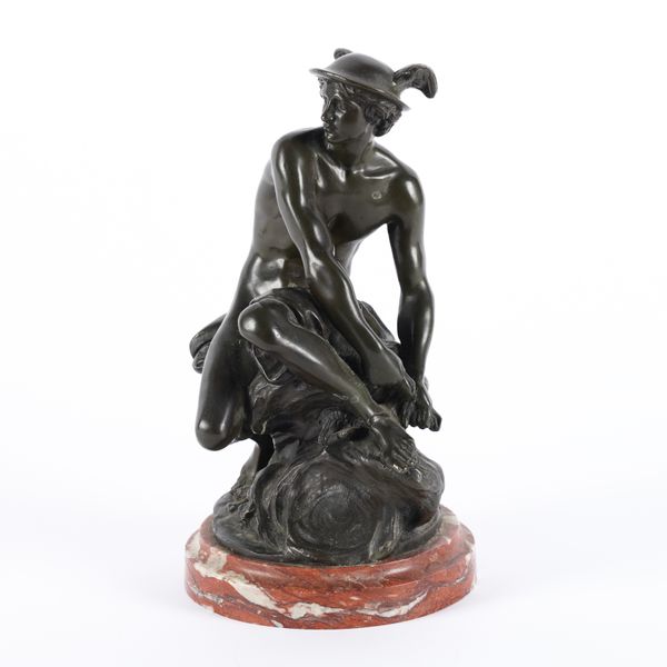 AFTER JEAN-BAPISTE PIGALL (FRENCH 1714-1785): A PATINATED BRONZE OF SEATED MERCURY