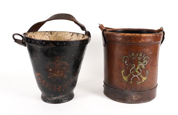 A VICTORIAN BLACK PAINTED AND GILT STENCILLED FIRE BUCKET (2)