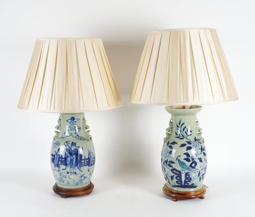 A PAIR OF CELADON GROUND BALUSTER TABLE LAMPS (2)