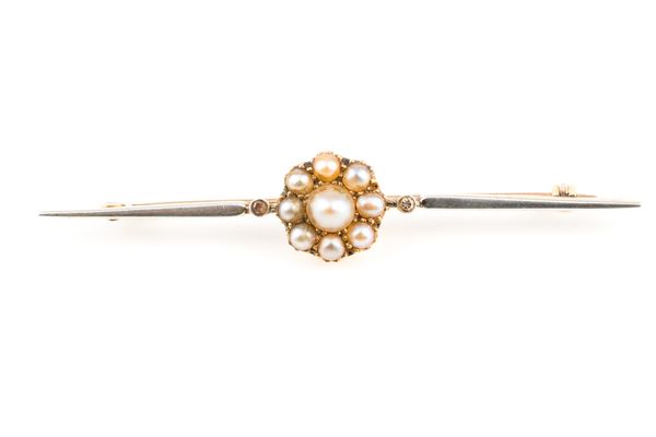 A GOLD, HALF PEARL AND DIAMOND CLUSTER BAR BROOCH